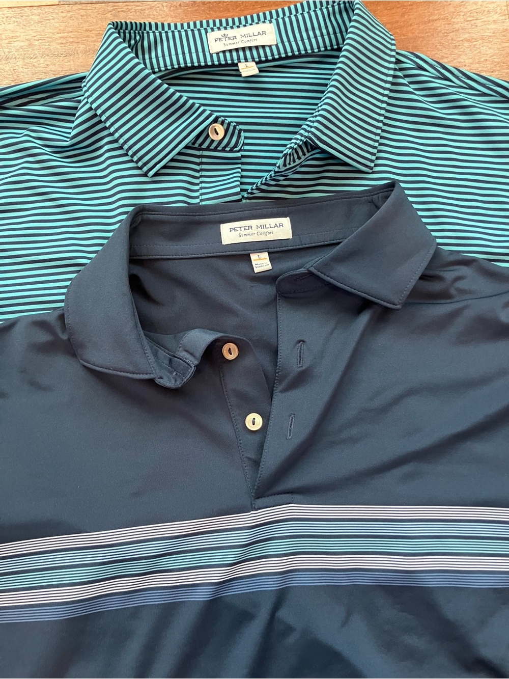 Peter Millar Navy Polos with Teal Striped Accents